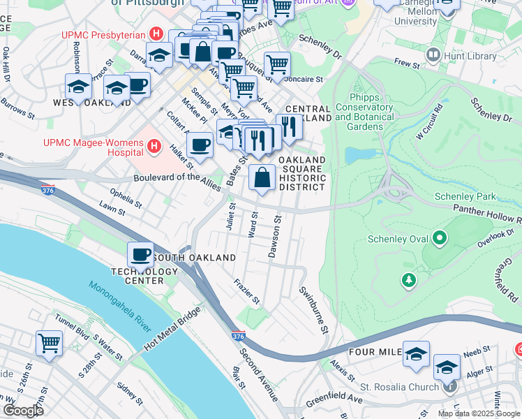 map of restaurants, bars, coffee shops, grocery stores, and more near 3328 Ward Street in Pittsburgh