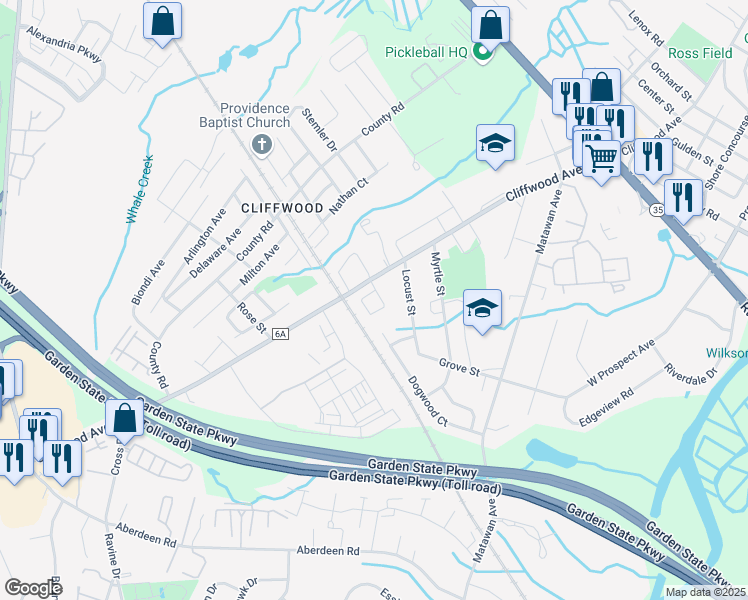 map of restaurants, bars, coffee shops, grocery stores, and more near 49 Athens Way in Aberdeen Township