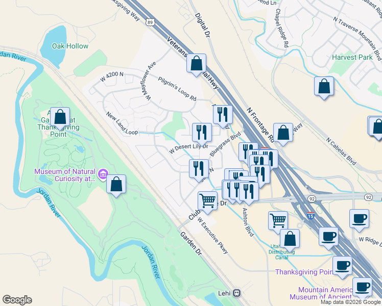 map of restaurants, bars, coffee shops, grocery stores, and more near 3141 Manor View Drive in Lehi