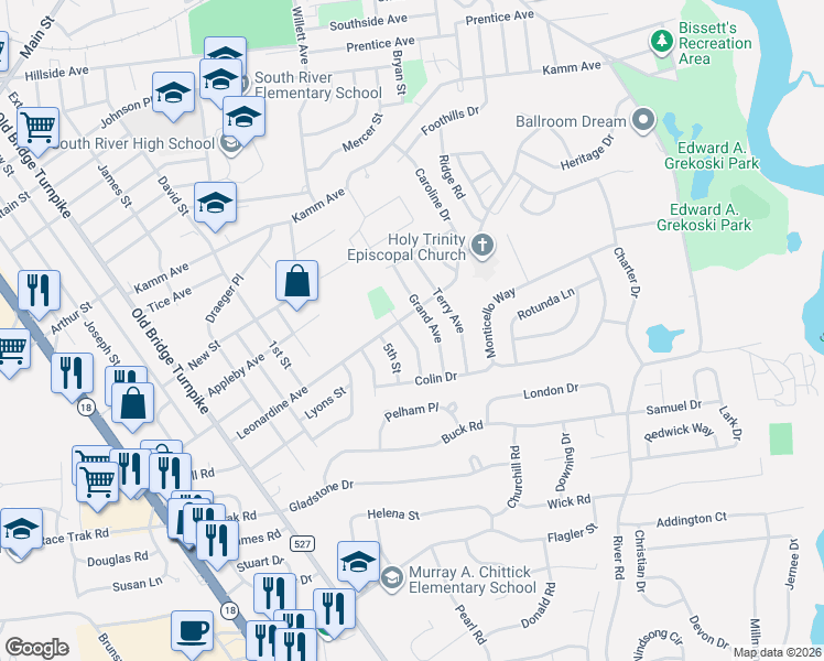 map of restaurants, bars, coffee shops, grocery stores, and more near 13 Sheinfine Avenue in South River