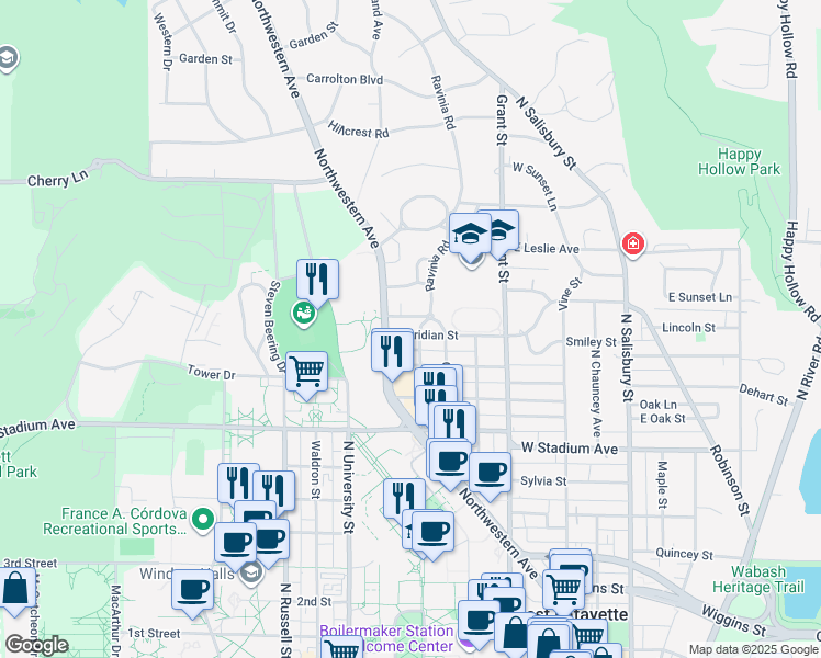 map of restaurants, bars, coffee shops, grocery stores, and more near 715 Meridian Street in West Lafayette