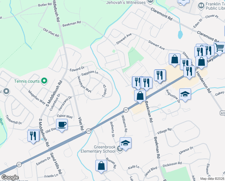 map of restaurants, bars, coffee shops, grocery stores, and more near 195 Sapphire Lane in Franklin Township