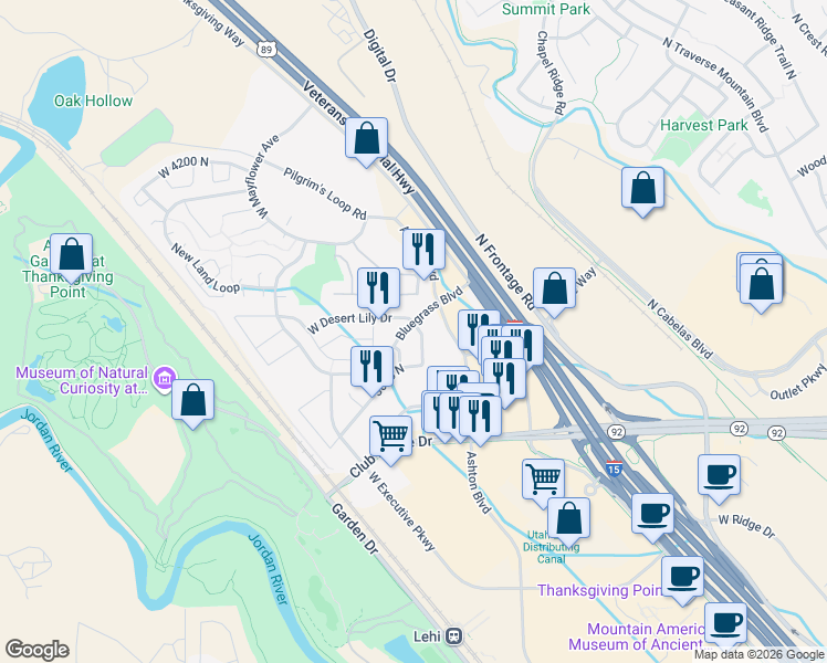 map of restaurants, bars, coffee shops, grocery stores, and more near 3791 Meadow Springs Lane in Lehi