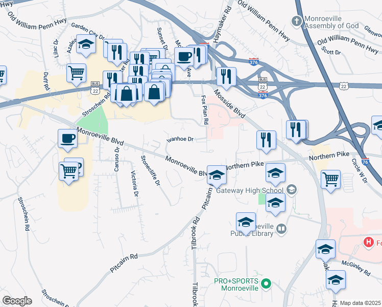map of restaurants, bars, coffee shops, grocery stores, and more near 4161 Monroeville Boulevard in Monroeville