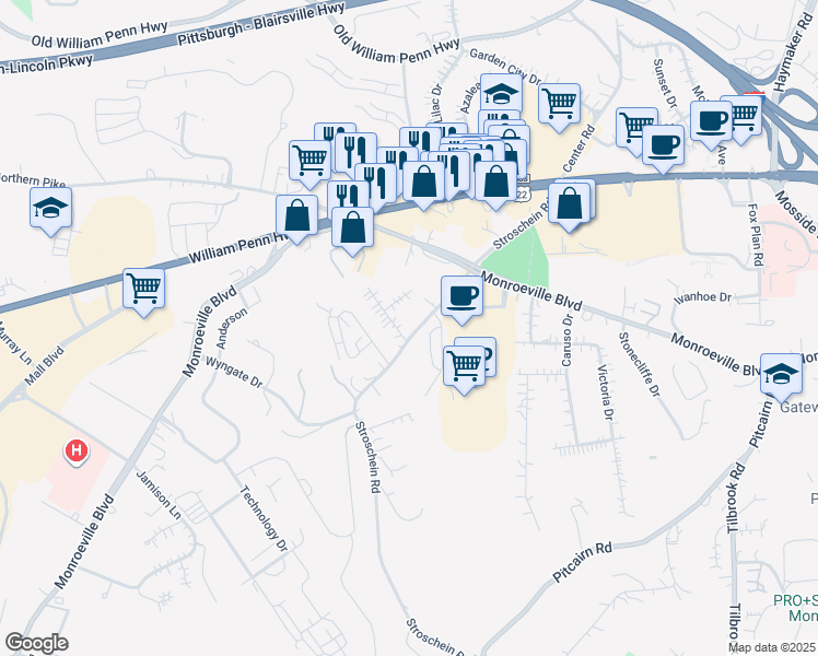 map of restaurants, bars, coffee shops, grocery stores, and more near 116 Cedar Ridge in Monroeville