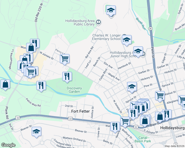 map of restaurants, bars, coffee shops, grocery stores, and more near 1312 North Juniata Street in Hollidaysburg