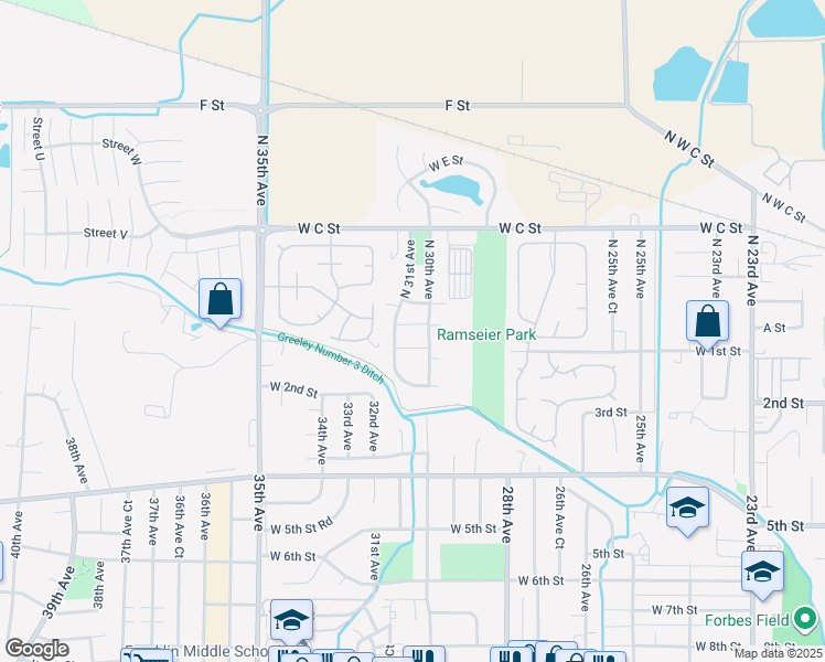 map of restaurants, bars, coffee shops, grocery stores, and more near 61201 West A Street Road in Greeley