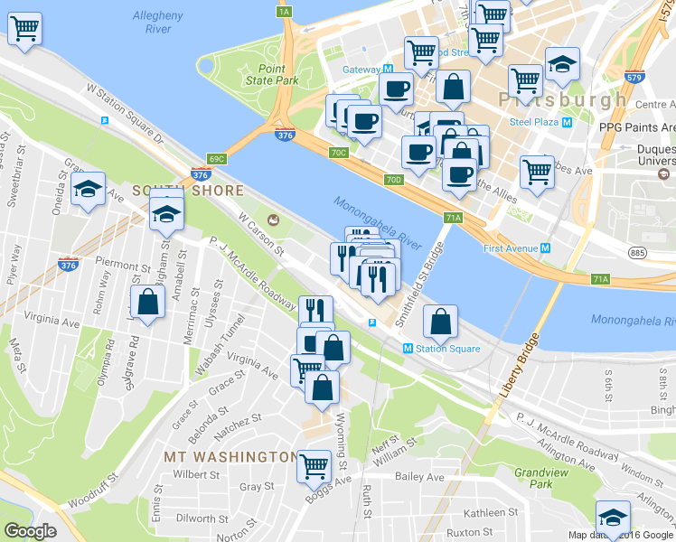 map of restaurants, bars, coffee shops, grocery stores, and more near 234 West Carson Street in Pittsburgh