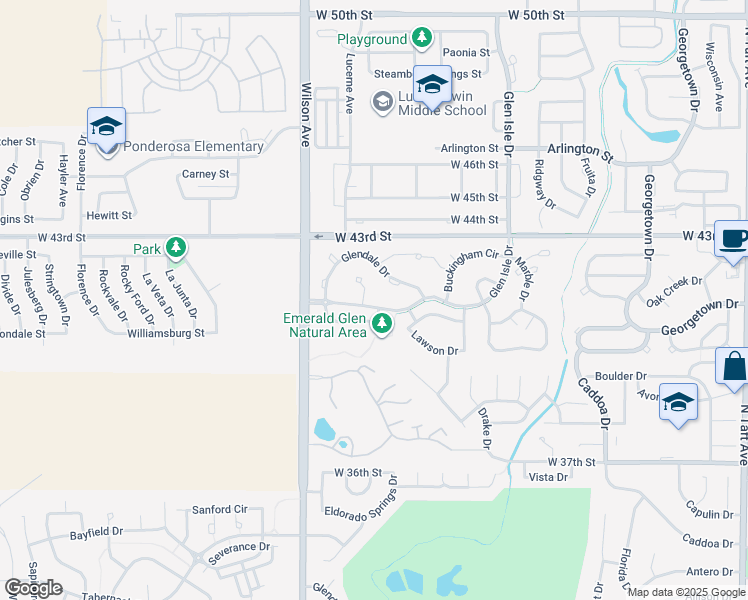 map of restaurants, bars, coffee shops, grocery stores, and more near 2609 Lochbuie Circle in Loveland