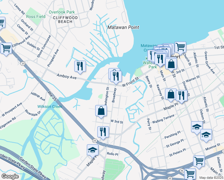 map of restaurants, bars, coffee shops, grocery stores, and more near 75 Broadway in Keyport