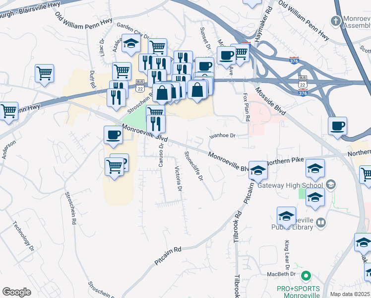 map of restaurants, bars, coffee shops, grocery stores, and more near 1006 Stonecliffe Drive in Monroeville
