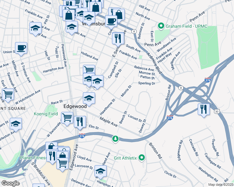 map of restaurants, bars, coffee shops, grocery stores, and more near 1305 Walnut Street in Pittsburgh