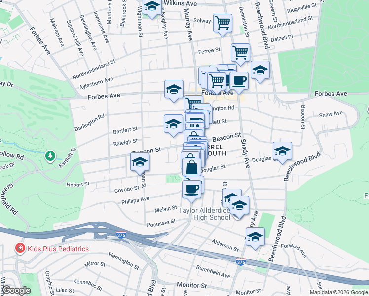 map of restaurants, bars, coffee shops, grocery stores, and more near 5728 Munhall Road in Pittsburgh
