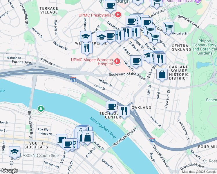map of restaurants, bars, coffee shops, grocery stores, and more near 3101 Kennett Square in Pittsburgh