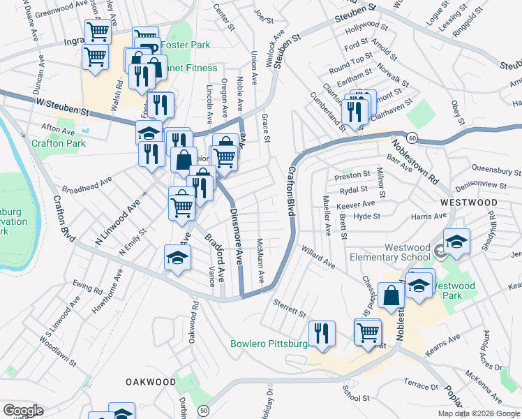 map of restaurants, bars, coffee shops, grocery stores, and more near 76 Haldane Street in Pittsburgh
