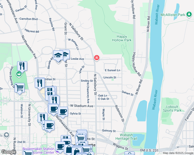 map of restaurants, bars, coffee shops, grocery stores, and more near 850 North Salisbury Street in West Lafayette