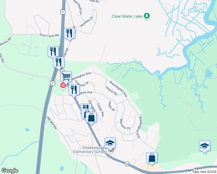 map of restaurants, bars, coffee shops, grocery stores, and more near 24 Venus Road in South Amboy