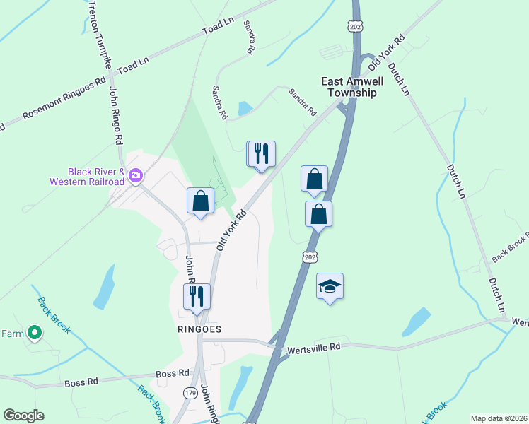 map of restaurants, bars, coffee shops, grocery stores, and more near 5 Fox Hunt Road in East Amwell Township