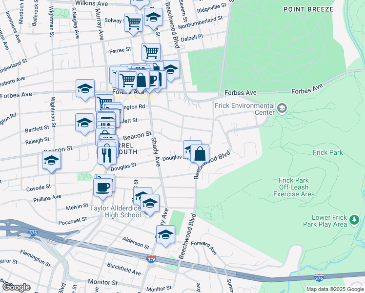 map of restaurants, bars, coffee shops, grocery stores, and more near 6337-6339 Douglas Street in Pittsburgh
