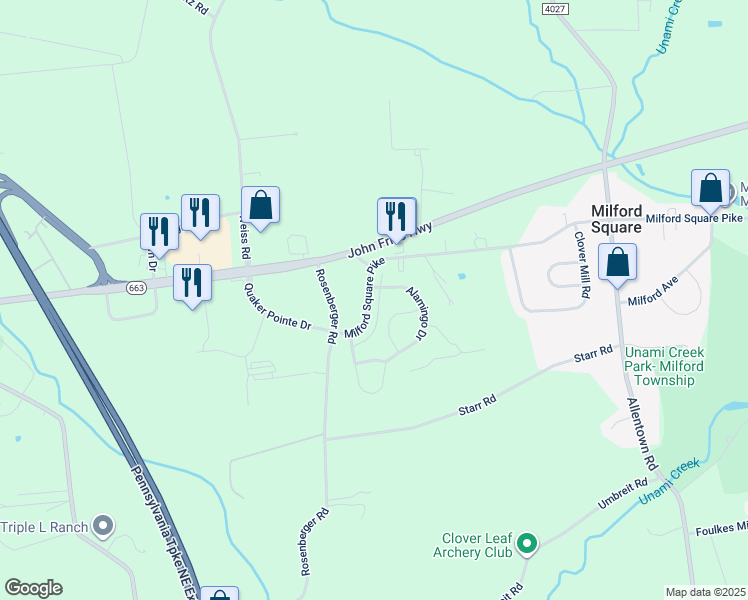 map of restaurants, bars, coffee shops, grocery stores, and more near 1999 Crossings Way in Quakertown