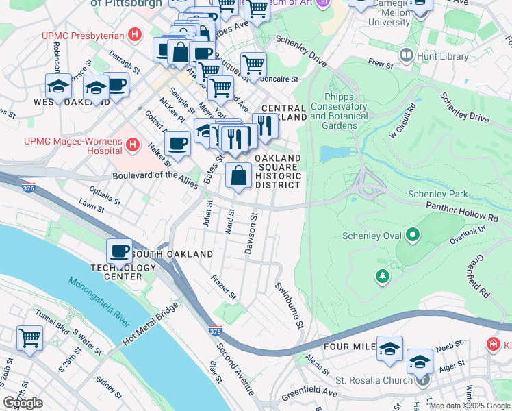 map of restaurants, bars, coffee shops, grocery stores, and more near Dawson Street in Pittsburgh