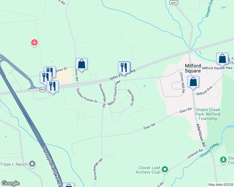 map of restaurants, bars, coffee shops, grocery stores, and more near 1991 Milford Square Pike in Quakertown