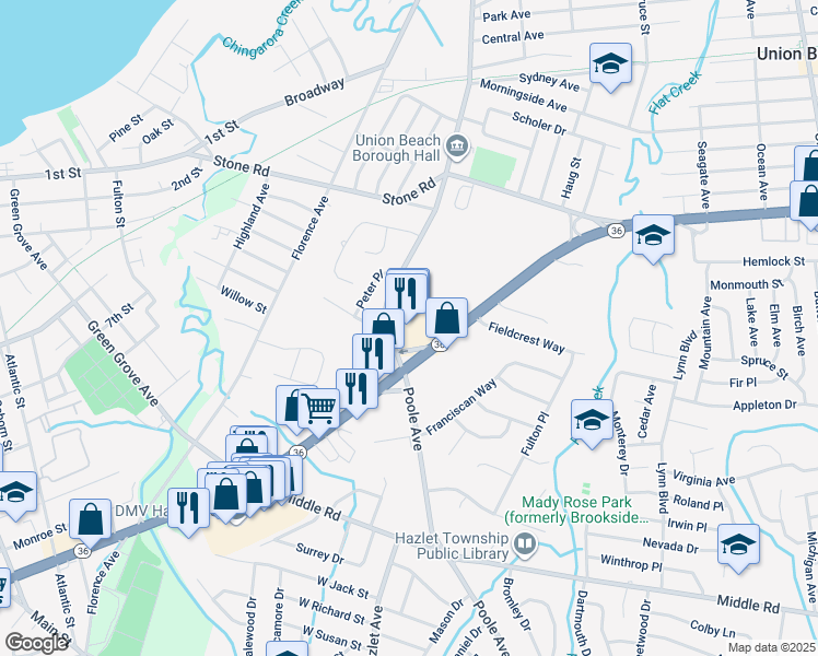 map of restaurants, bars, coffee shops, grocery stores, and more near 745 Poole Avenue in Hazlet