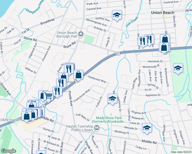 map of restaurants, bars, coffee shops, grocery stores, and more near 71 Fieldcrest Way in Hazlet