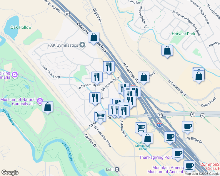 map of restaurants, bars, coffee shops, grocery stores, and more near 3796 Meadow Springs Lane in Lehi