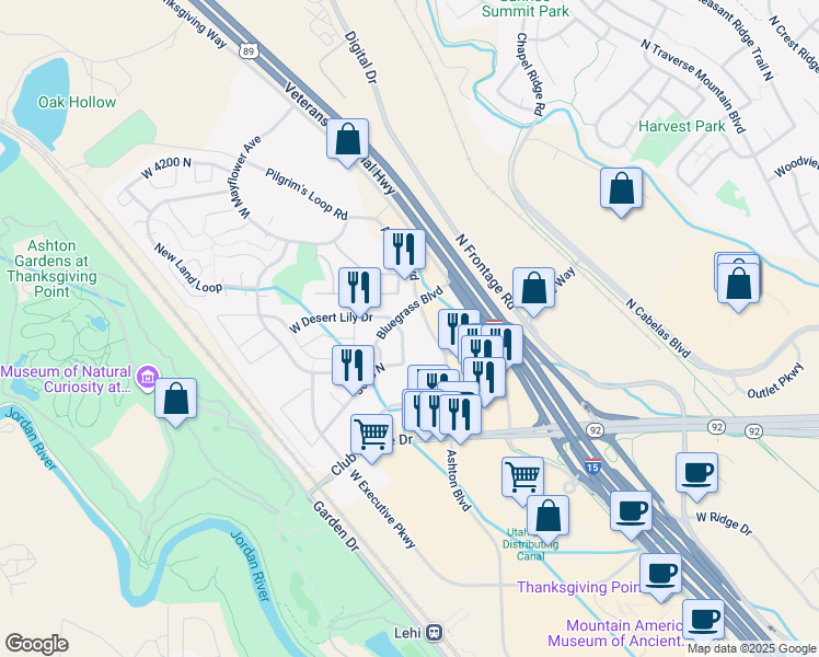 map of restaurants, bars, coffee shops, grocery stores, and more near 3796 Meadow Springs Lane in Lehi