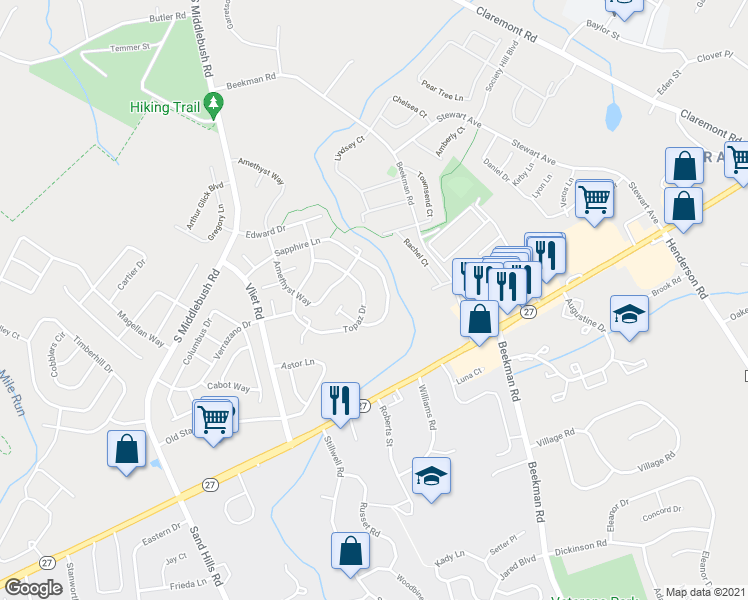 map of restaurants, bars, coffee shops, grocery stores, and more near 195 Sapphire Lane in Franklin Township