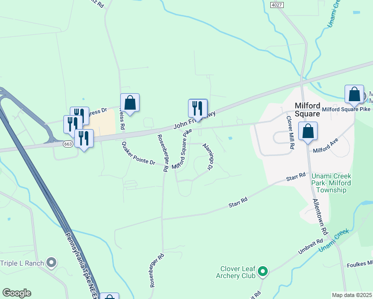 map of restaurants, bars, coffee shops, grocery stores, and more near 1999 Crossings Way in Quakertown