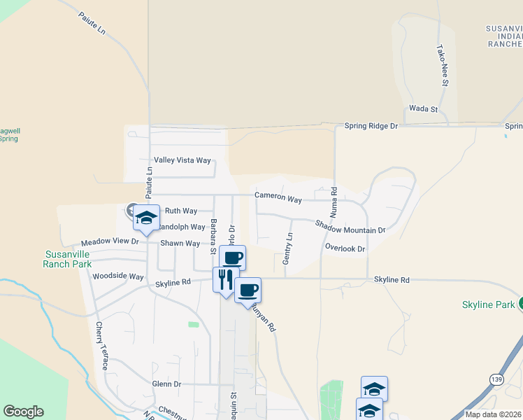 map of restaurants, bars, coffee shops, grocery stores, and more near 1245 Bunyan Rd in Susanville