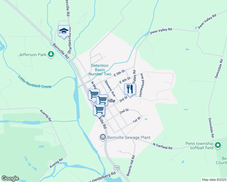 map of restaurants, bars, coffee shops, grocery stores, and more near 215 East 4th Street in Bernville