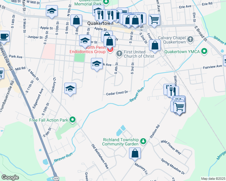 map of restaurants, bars, coffee shops, grocery stores, and more near 401 Cedar Crest Drive in Quakertown