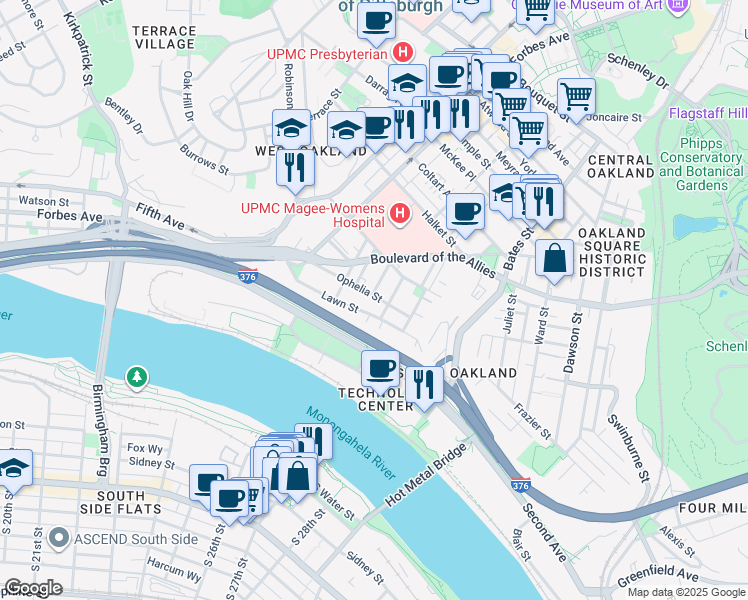 map of restaurants, bars, coffee shops, grocery stores, and more near 332 Ophelia Street in Pittsburgh
