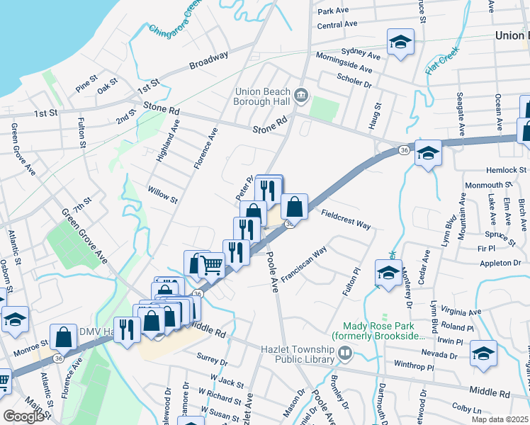 map of restaurants, bars, coffee shops, grocery stores, and more near 745 Poole Avenue in Hazlet