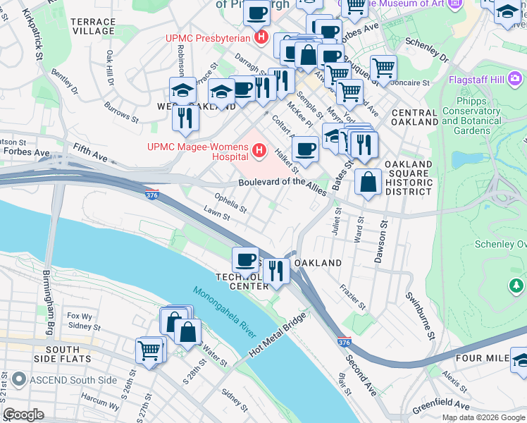 map of restaurants, bars, coffee shops, grocery stores, and more near 3201 Niagara Street in Pittsburgh