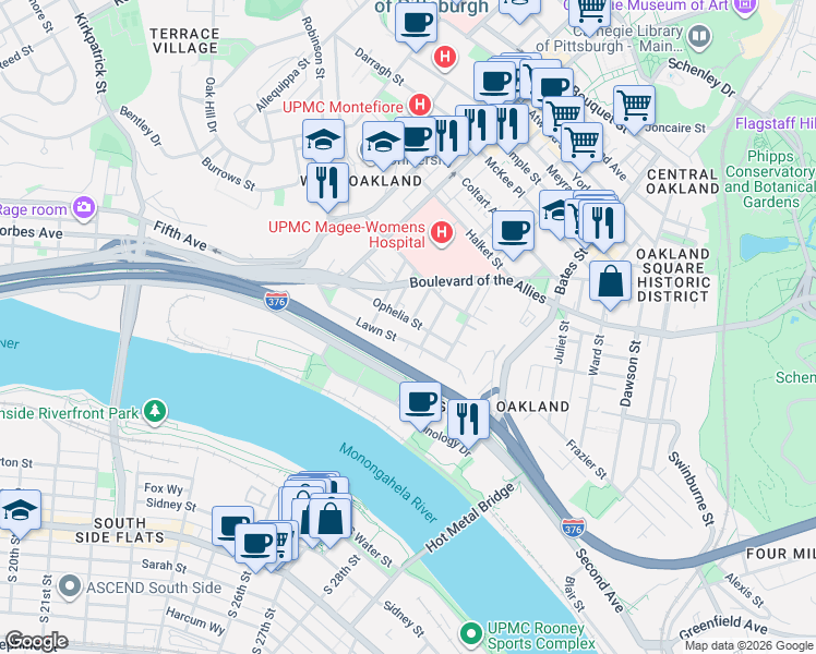map of restaurants, bars, coffee shops, grocery stores, and more near 3101 Kennett Square in Pittsburgh