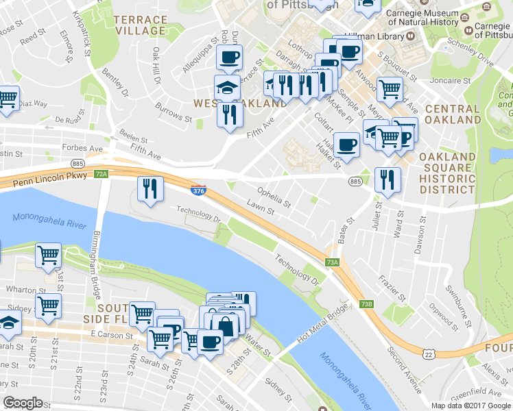 map of restaurants, bars, coffee shops, grocery stores, and more near 89 Lawn Street in Pittsburgh