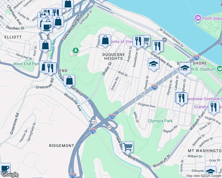 map of restaurants, bars, coffee shops, grocery stores, and more near 504 Augusta Street in Pittsburgh