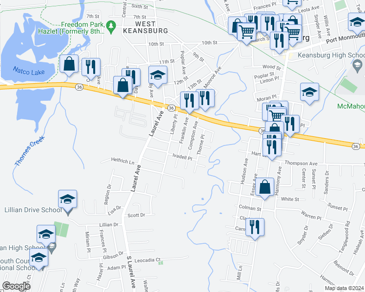 map of restaurants, bars, coffee shops, grocery stores, and more near 74 Franklin Avenue in Keansburg