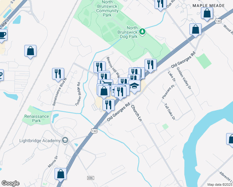 map of restaurants, bars, coffee shops, grocery stores, and more near 396 Renaissance Road in North Brunswick Township