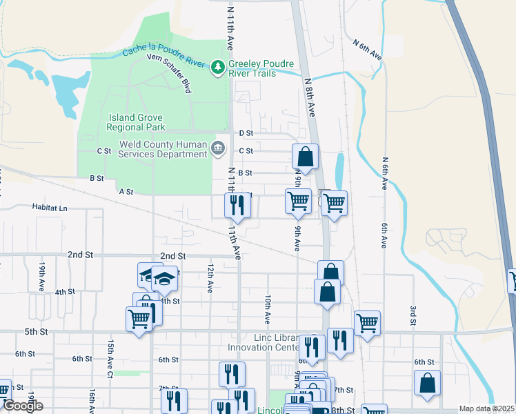 map of restaurants, bars, coffee shops, grocery stores, and more near 1006 1st Street in Greeley