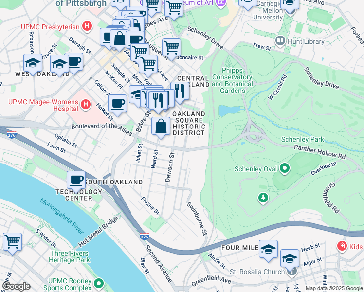 map of restaurants, bars, coffee shops, grocery stores, and more near 3374 Dawson Street in Pittsburgh