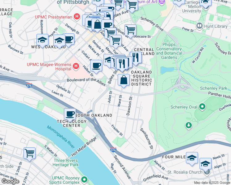 map of restaurants, bars, coffee shops, grocery stores, and more near 3326 Juliet Street in Pittsburgh