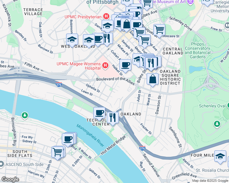map of restaurants, bars, coffee shops, grocery stores, and more near 22 Mackey Street in Pittsburgh