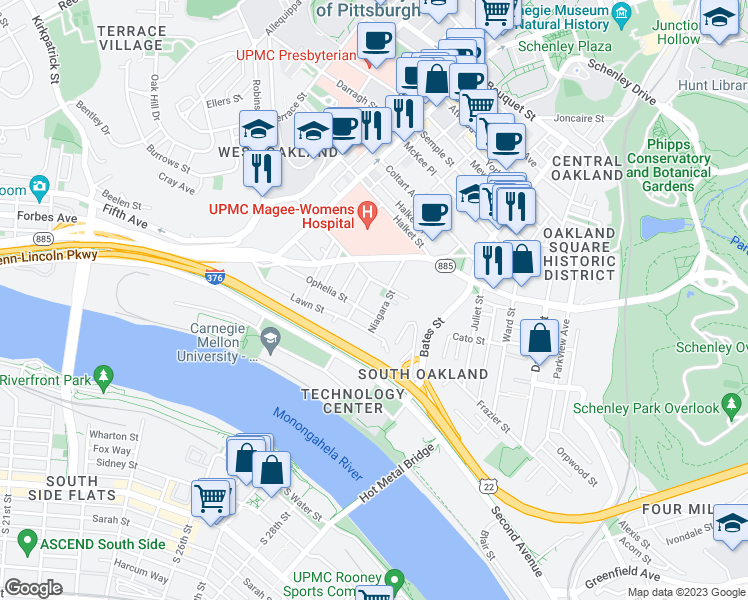 map of restaurants, bars, coffee shops, grocery stores, and more near 3201 Niagara Street in Pittsburgh