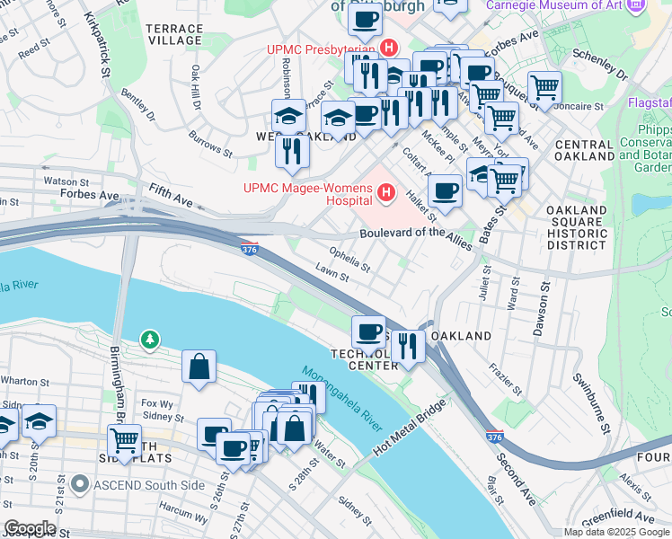 map of restaurants, bars, coffee shops, grocery stores, and more near 315 Lawn Street in Pittsburgh