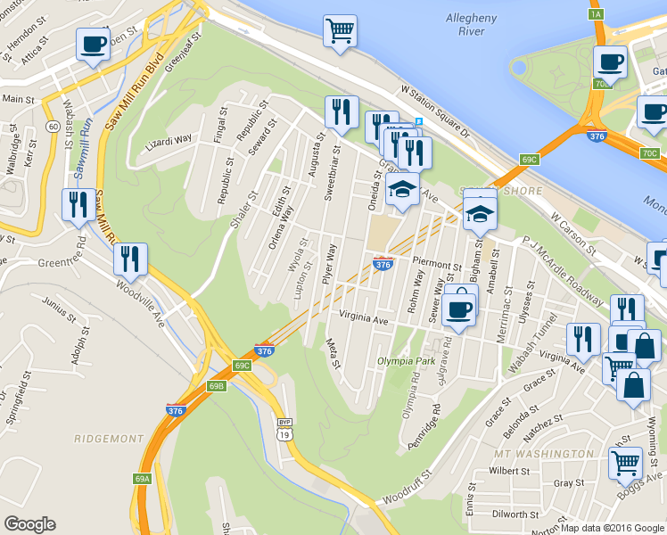 map of restaurants, bars, coffee shops, grocery stores, and more near 1403 West Sycamore Street in Pittsburgh